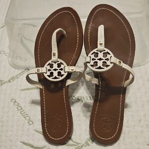 Tory Burch Off White and Brown Sandals with Logo Medallion. Mini Miller Sandals